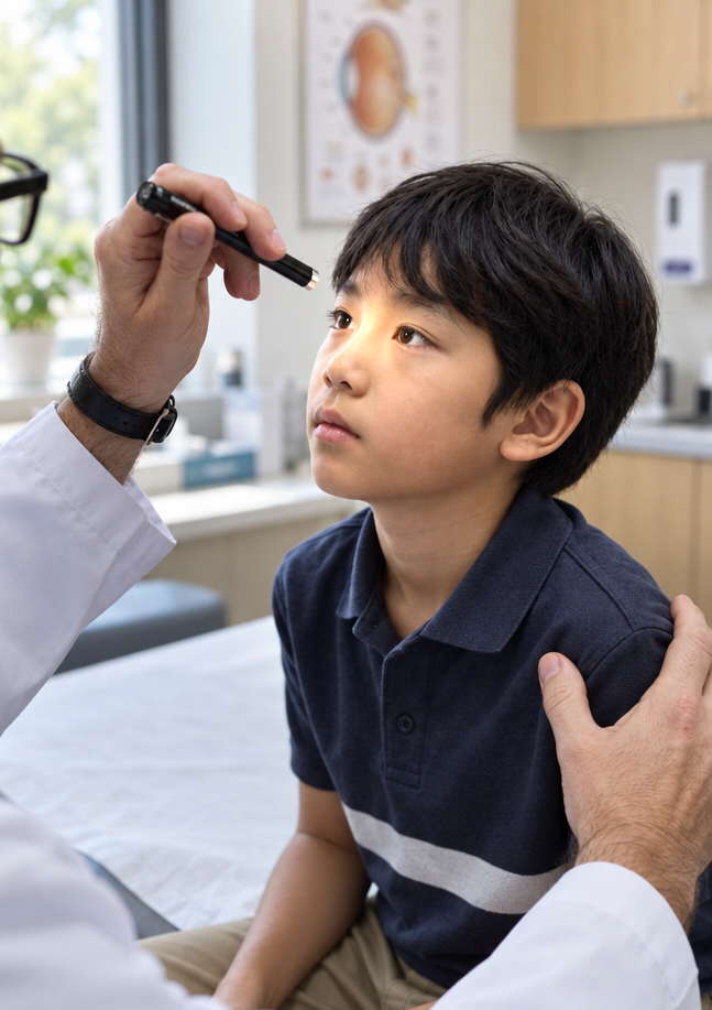ENT specialist gently examining a young girl's ear
